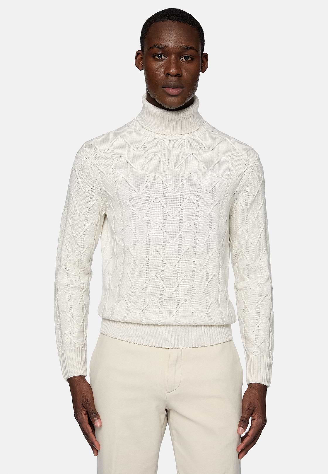 White Polo Neck Jumper in Merino Wool, White, hi-res