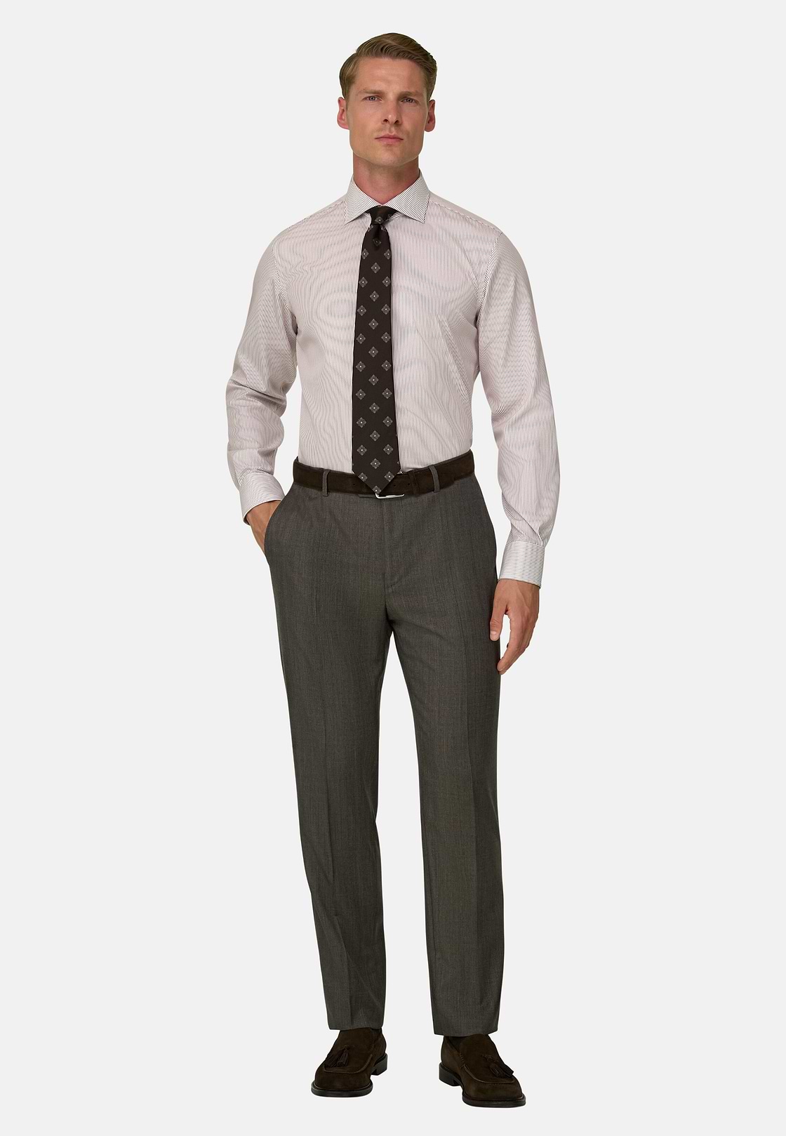 Overhemd Gestreept Katoen Non-Iron Slim Fit, Burgundy, hi-res, 2