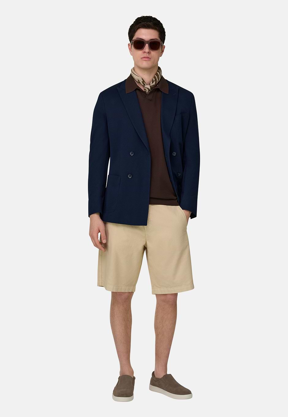 Giacca Doppio Petto Micro Struttura In Puro Cotone, Navy, hi-res