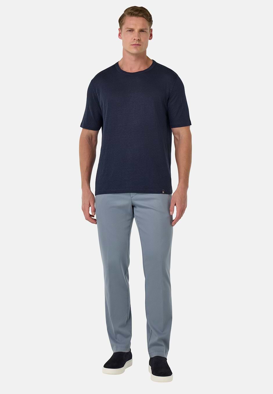 T-Shirt in Stretch Linen Jersey, Navy blue, hi-res