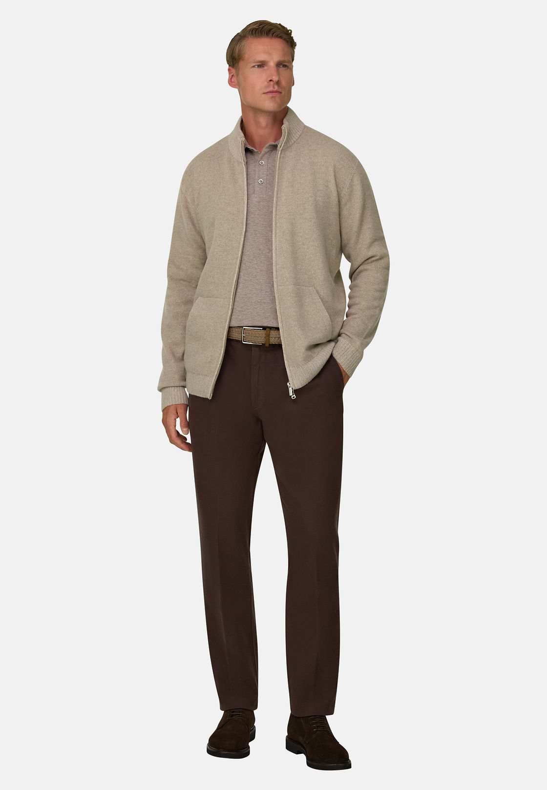Roll Neck Jumper Full-Zip Cashmere Blend Plated, Beige, hi-res, 2