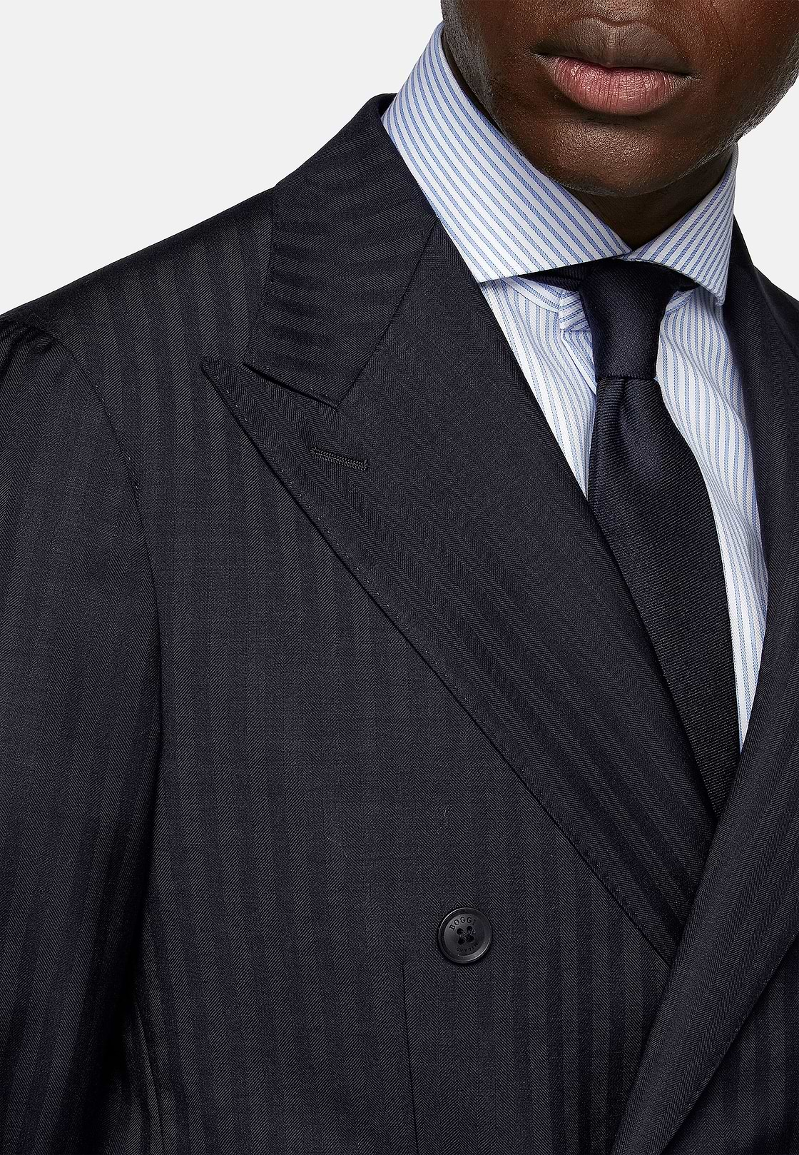 Navy Blue Herringbone Double-Breasted Suit in Pure Wool, Navy blue, hi-res