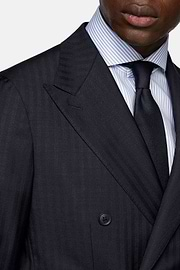 Navy Blue Herringbone Double-Breasted Suit in Pure Wool, Navy blue, hi-res