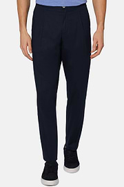 Pantalone in Cotone Elasticizzato con Pinces, Navy, hi-res