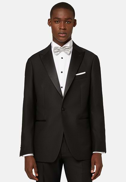 Schwarze Smokingjacke Aus Wolle Mit Spitzrevers, Schwarz, hi-res