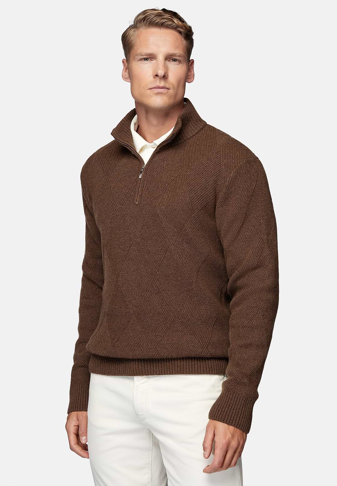 Pull Demi-Zip Noisette En Laine Nylon, Noisette, hi-res