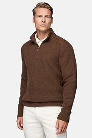 Pull Demi-Zip Noisette En Laine Nylon, Noisette, hi-res
