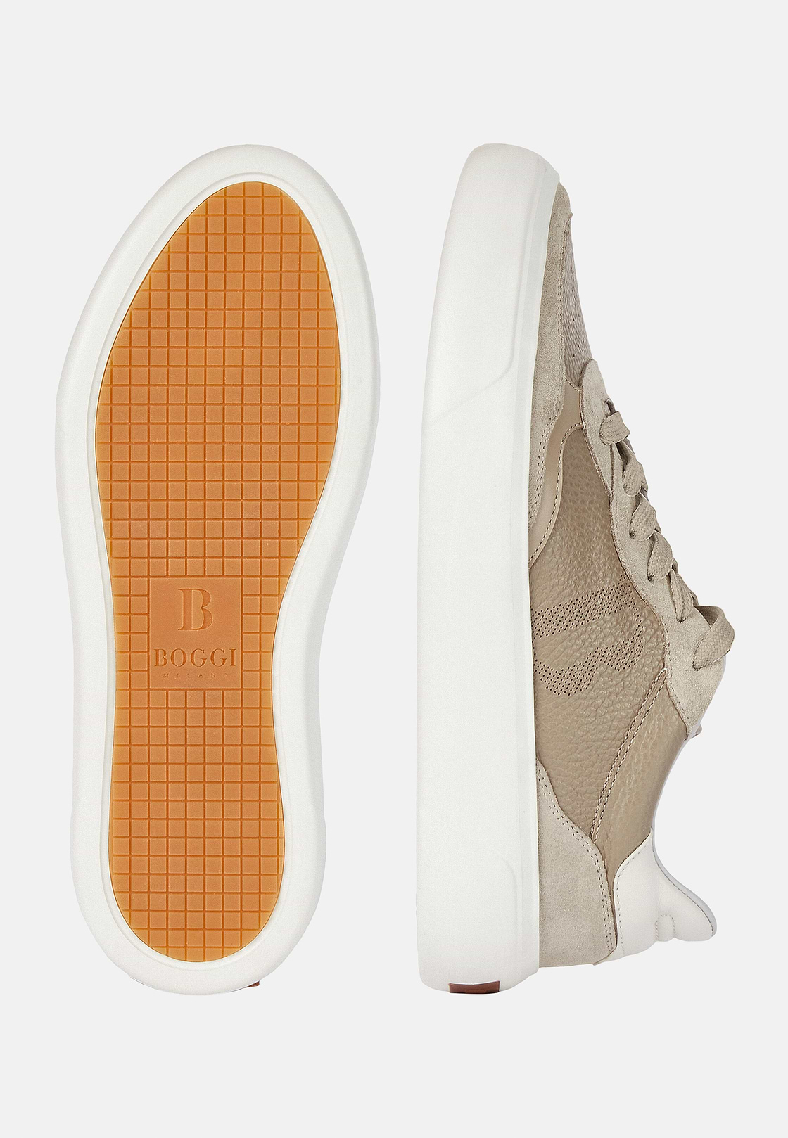Sneakers En Cuir Foulonné Avec Logo, Taupe, hi-res