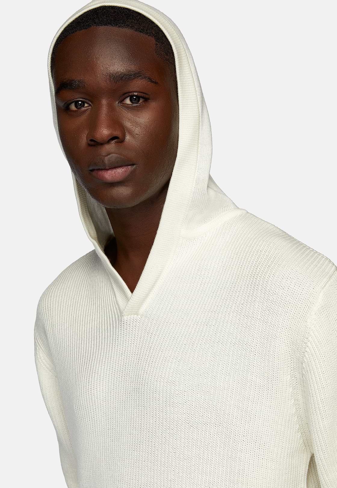 Weißer Pullover Mit V-Ausschnitt und Kapuze Aus Merinowolle, Weiß, hi-res