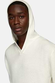 Weißer Pullover Mit V-Ausschnitt und Kapuze Aus Merinowolle, Weiß, hi-res