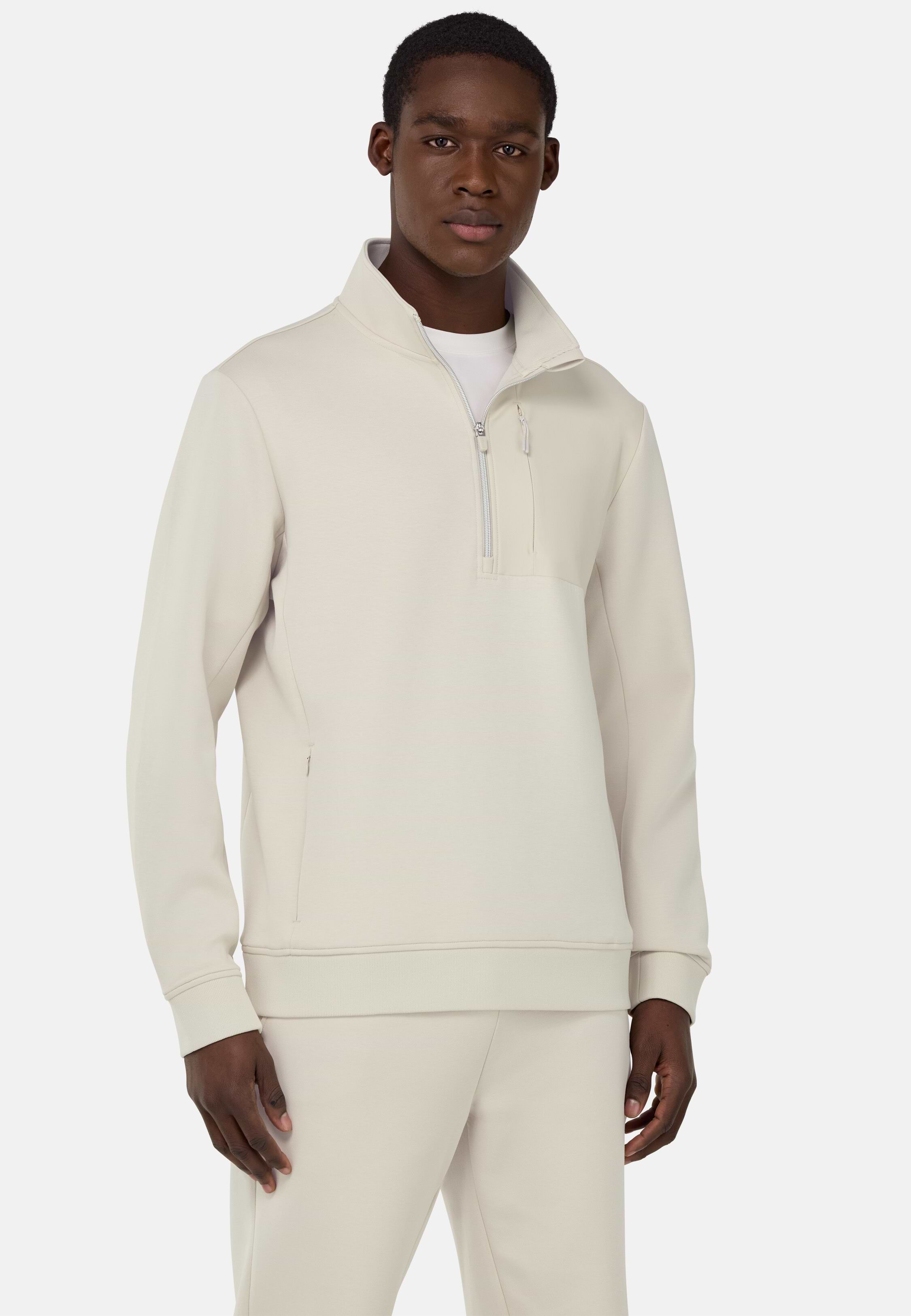 Men's Half-Zip Hoodie in Lightweight Cotton Blend Scuba | Boggi Milano