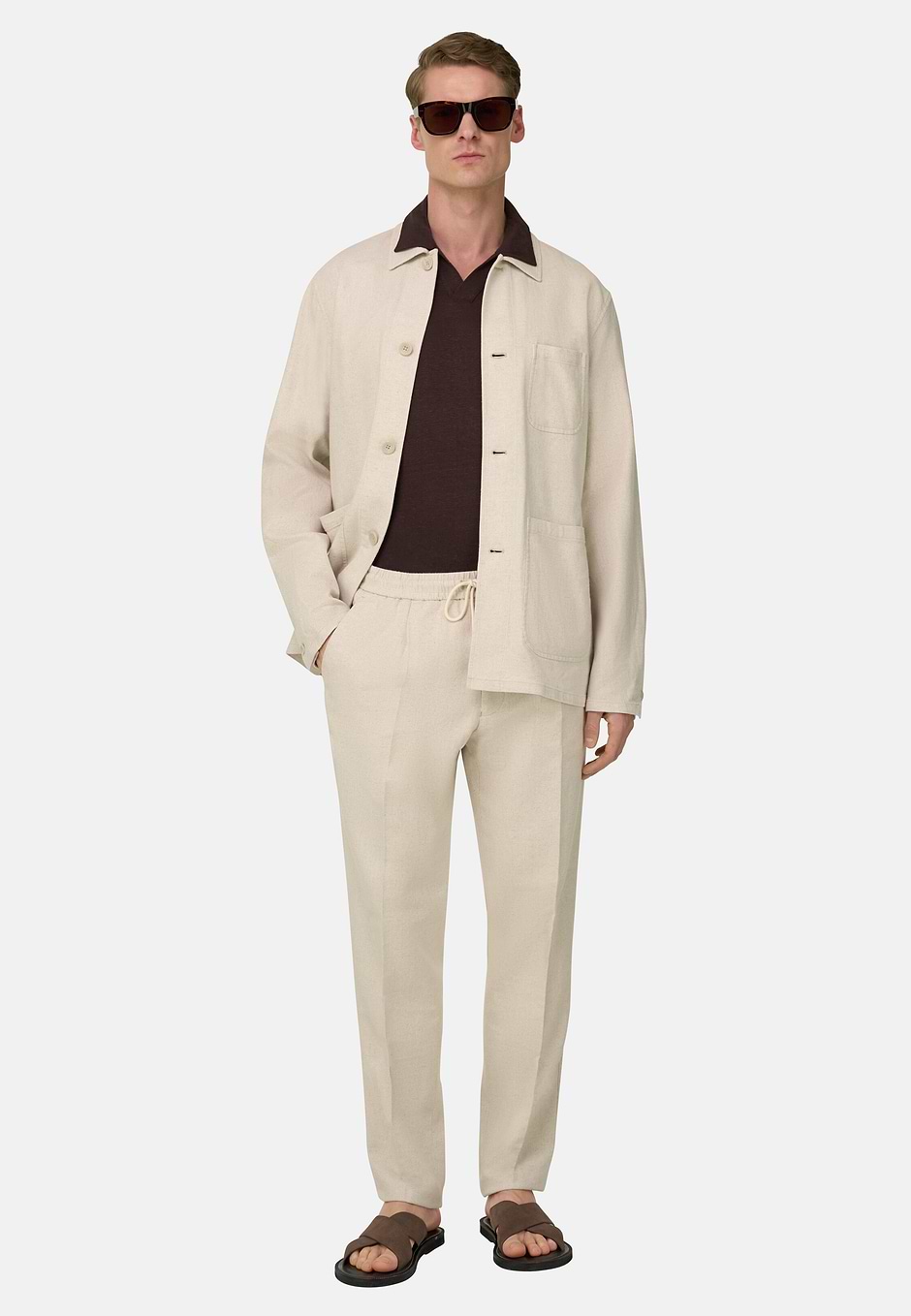 Diagonal Shirt Jacket in Cotton and Linen, Sand, hi-res