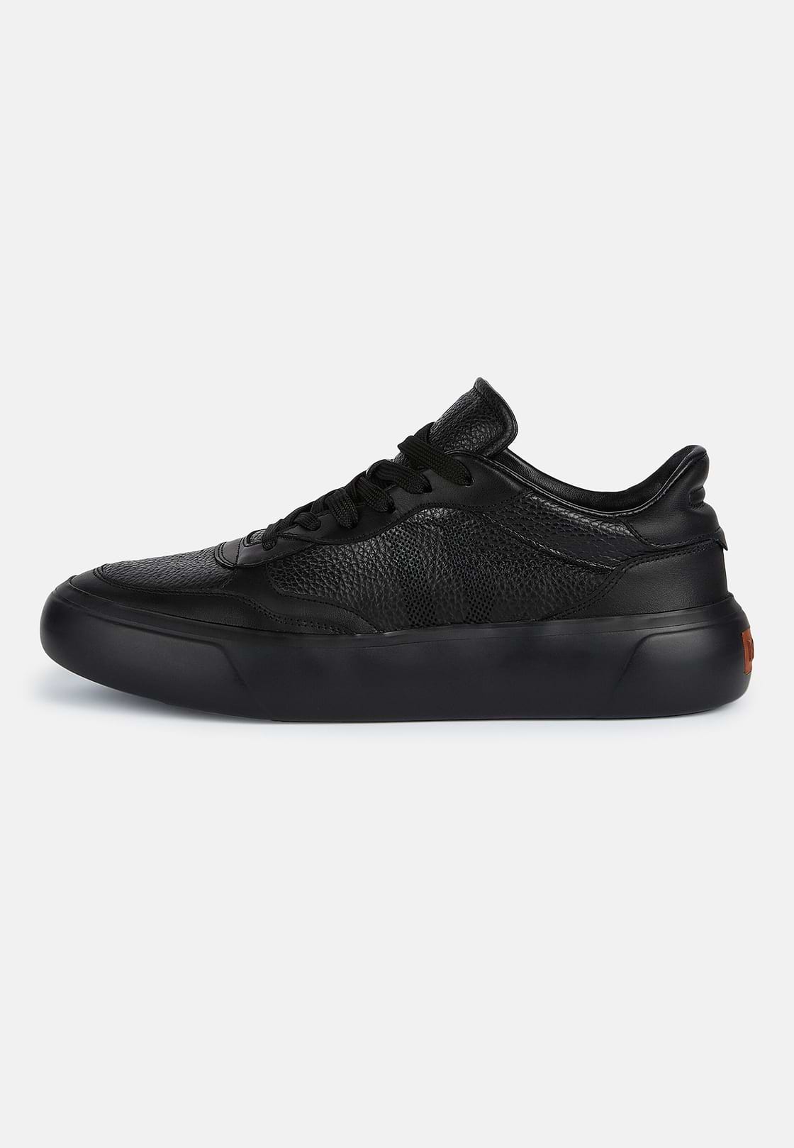 Tumbled Leather Trainers With Logo, Black, hi-res