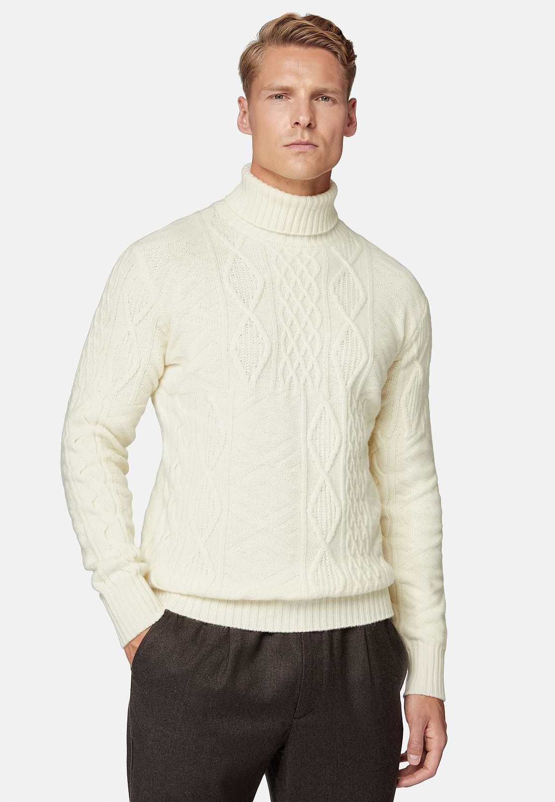 White Mixed Knit Polo Neck Jumper In Merino Wool, White, hi-res