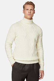 White Mixed Knit Polo Neck Jumper In Merino Wool, White, hi-res