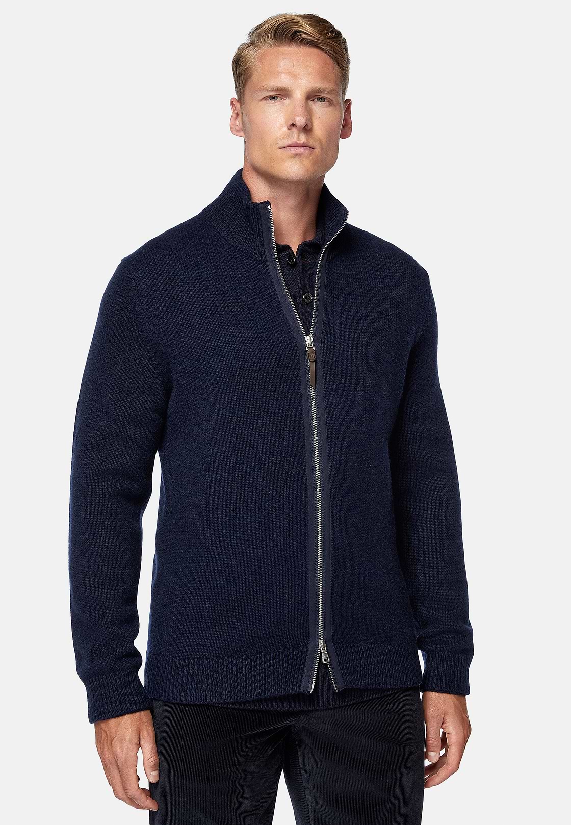 Navy Cashmere Full Zip Jumper, Navy blue, hi-res