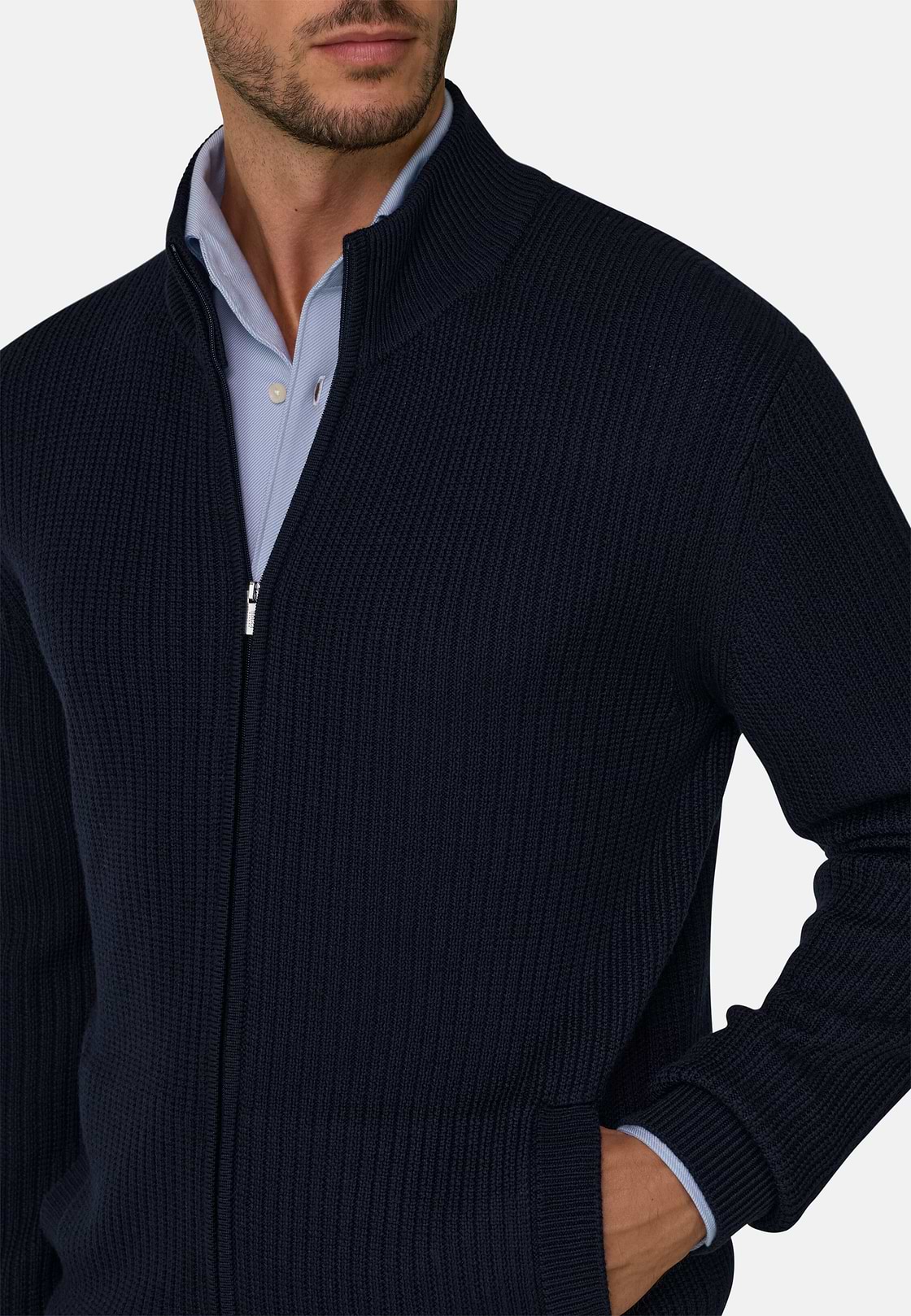 Full-Zip Jumper in Merino Wool, Navy blue, hi-res, 3