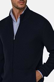 Full-Zip Jumper in Merino Wool, Navy blue, thumb, 3