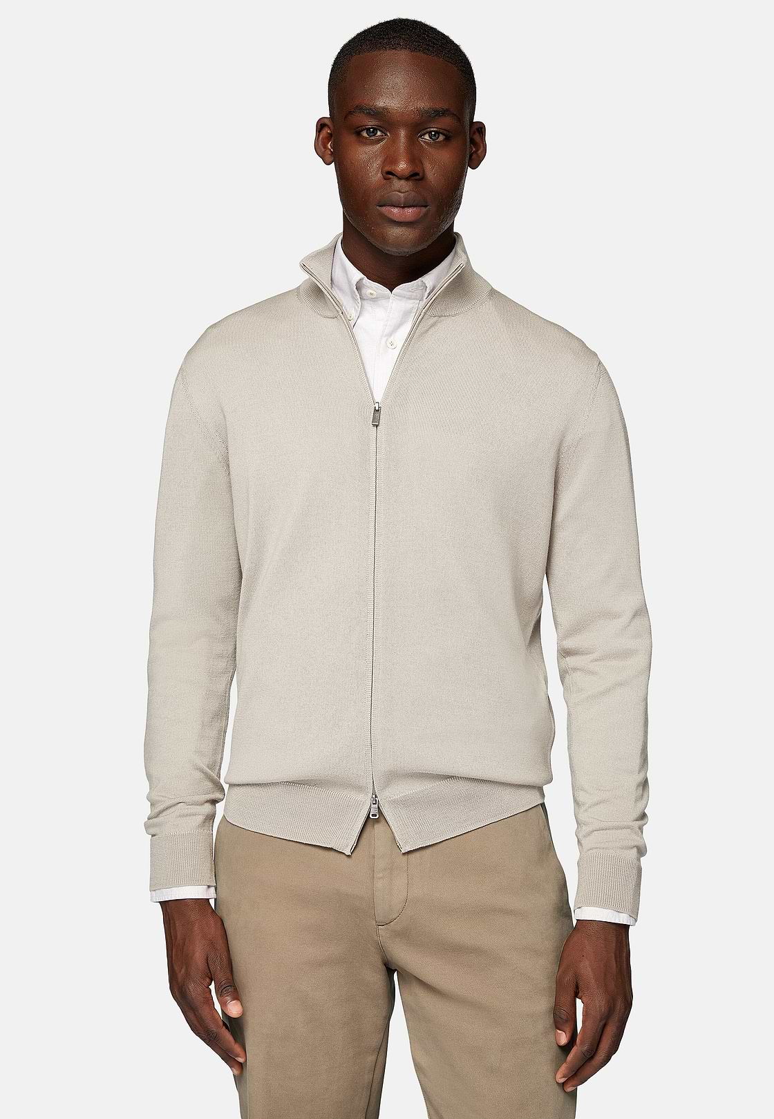 Sand Full-Zip Jumper in Merino Wool, Sand, hi-res