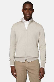 Sand Full-Zip Jumper in Merino Wool, Sand, hi-res