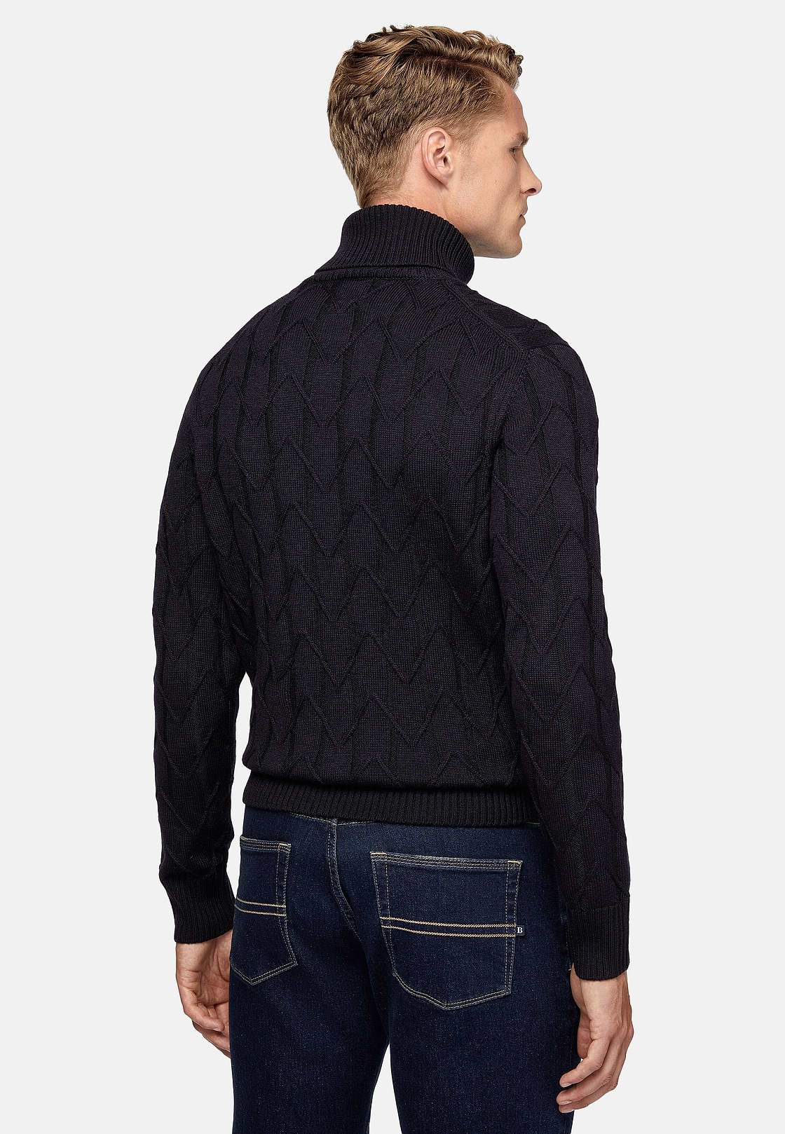 Navy Merino Wool Polo Neck Pullover, Navy blue, hi-res