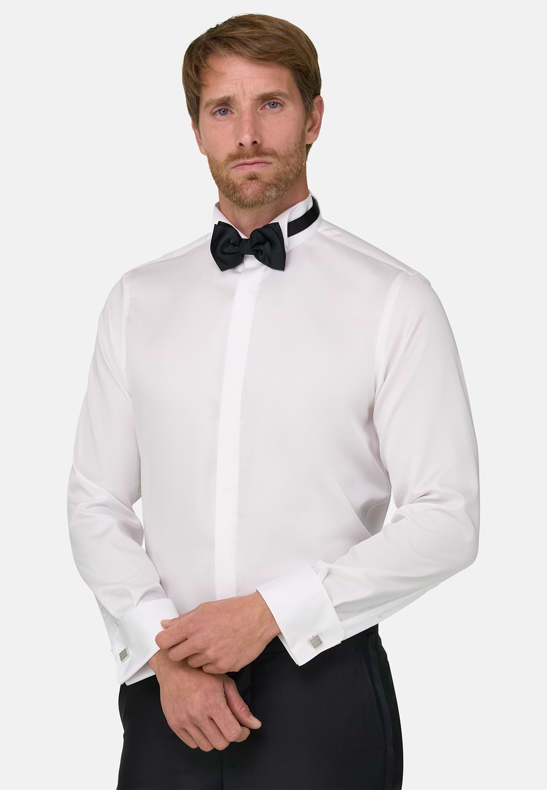 Camicia In Raso Di Cotone Slim Fit, Bianco, hi-res, 1