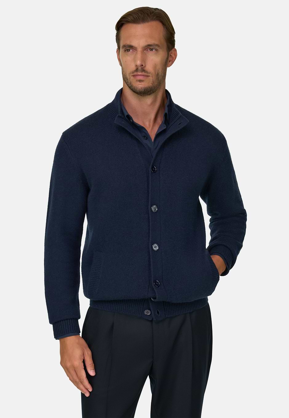 Cardigan Col Montant en Laine Cachemire, bleu marine, hi-res