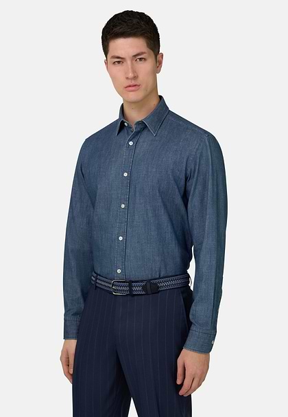 Regular Fit Cotton Denim Shirt, Medium Blue, hi-res
