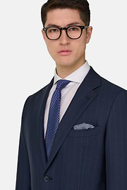 Abito Gessato In Lana E Seta, Navy, thumb, 4