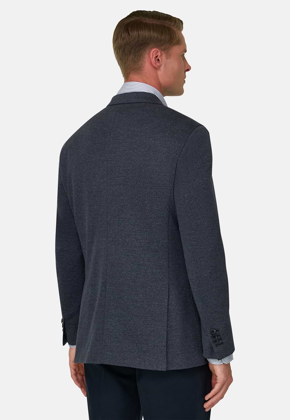 BROOKLYN | Double-Breasted Micro Patterned Blazer in Cotton and Wool, Indigo, hi-res, 4