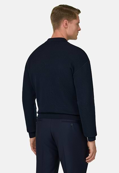 Cotton and Silk Knitted Polo Shirt, Navy blue, hi-res