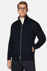 Navy Mixed Stitch Merino Wool Full Zip Jumper, Navy blue, hi-res