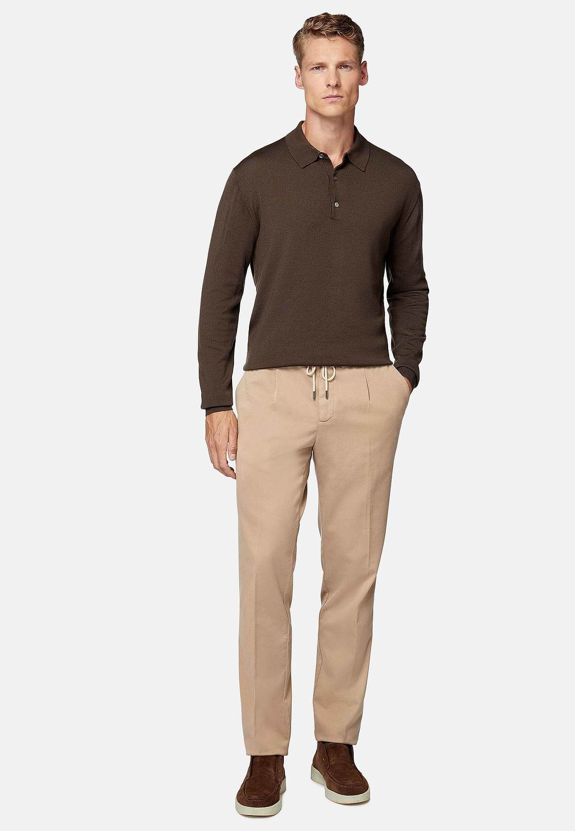 Bruin gebreid poloshirt van merinowol, Brown, hi-res