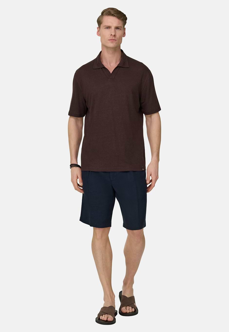 Stretch Linen Jersey Polo Shirt, Dark brown, hi-res