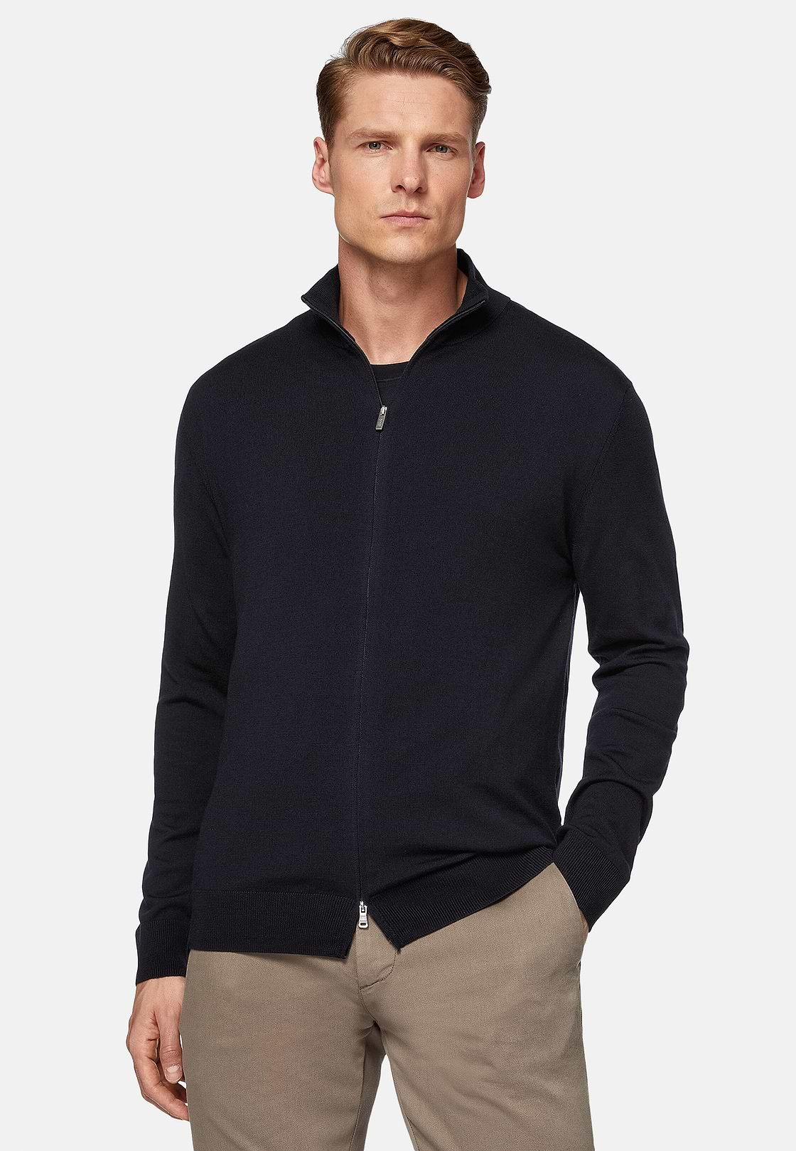 Pullover Mit Durchgehendem Reißverschluss Aus Merinowolle, Navy blau, hi-res