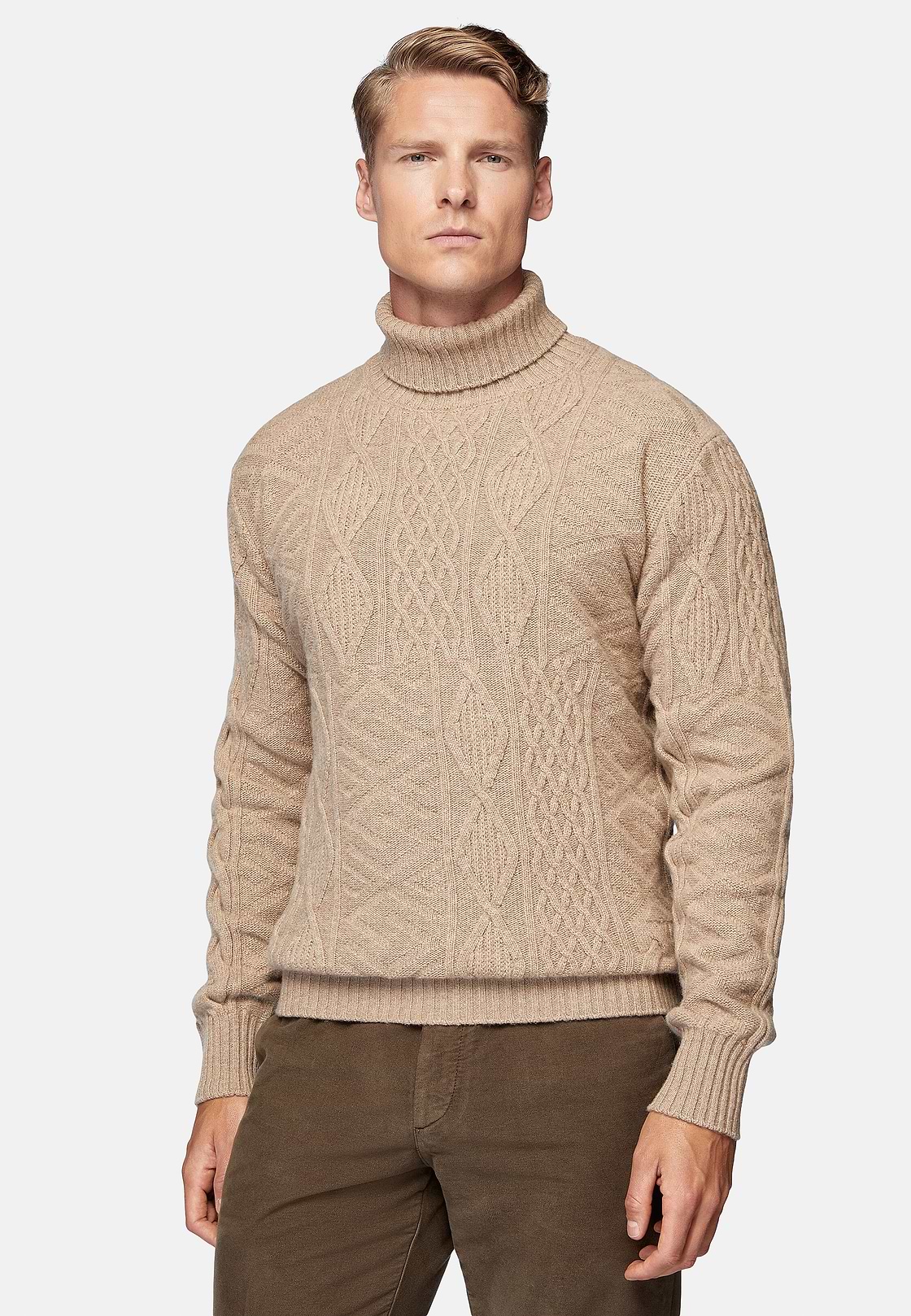 Sand Mixed Knit Polo Neck Jumper In Merino Wool, Sand, hi-res