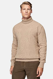 Sand Mixed Knit Polo Neck Jumper In Merino Wool, Sand, hi-res