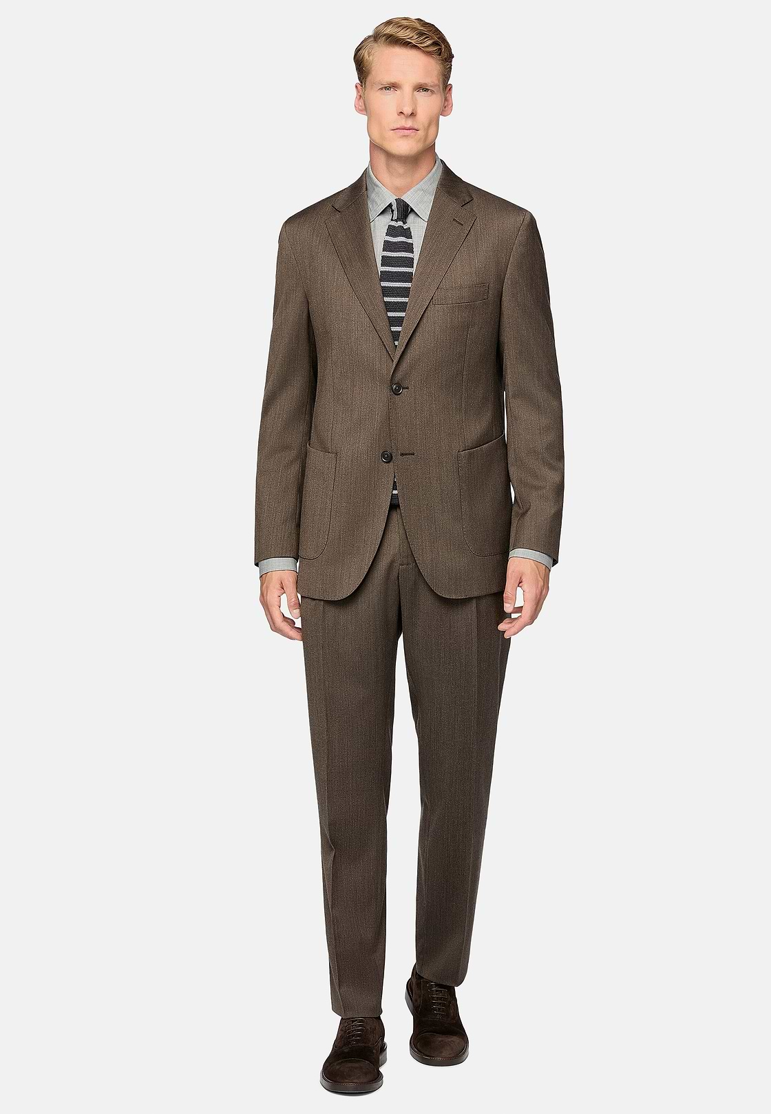 Brown Stretch Wool Suit, Brown, hi-res