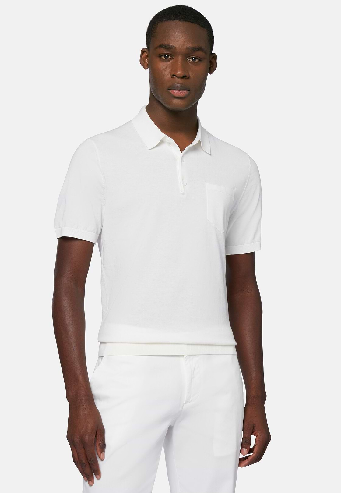 White Cotton Crepe Knit Polo Shirt, White, hi-res