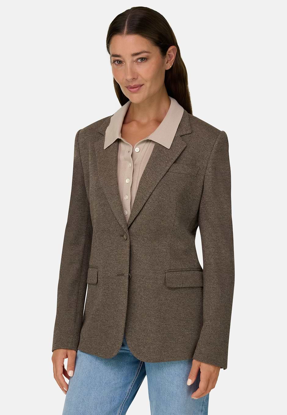 Blazer Enkelrij in Jersey, Brown, hi-res
