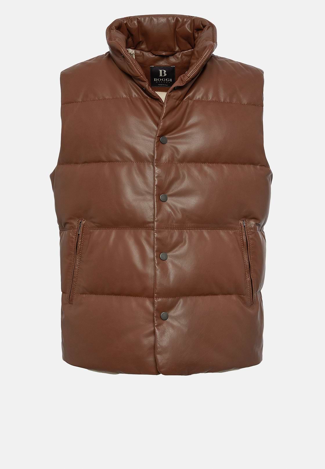 Genuine Leather Gilet With Down Padding, Brown, hi-res