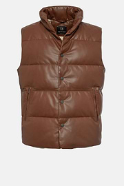 Genuine Leather Gilet With Down Padding, Brown, hi-res