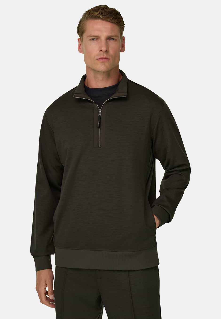 Sweatshirt mit halbem Reißverschluss aus Mischgewebe WOOLTECH, Militärgrün, hi-res