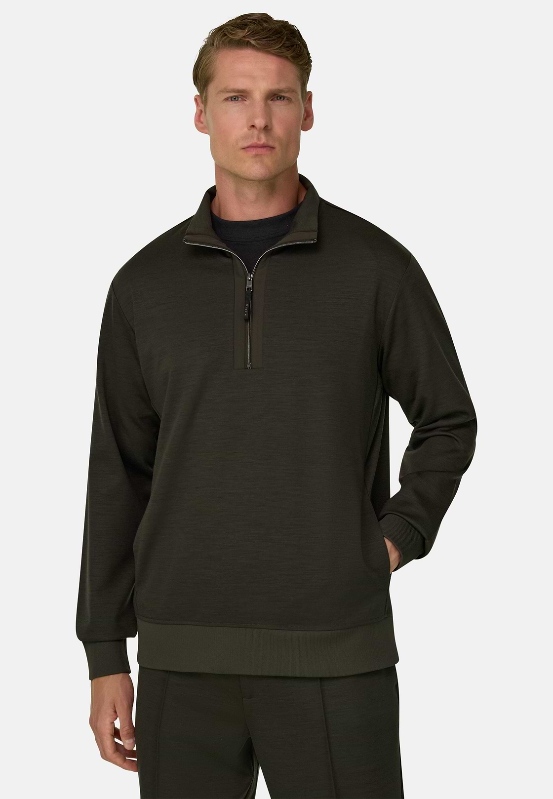 Quarter-Zip Sweatshirt in Wool Blend WOOLTECH, Military Green, hi-res, 1