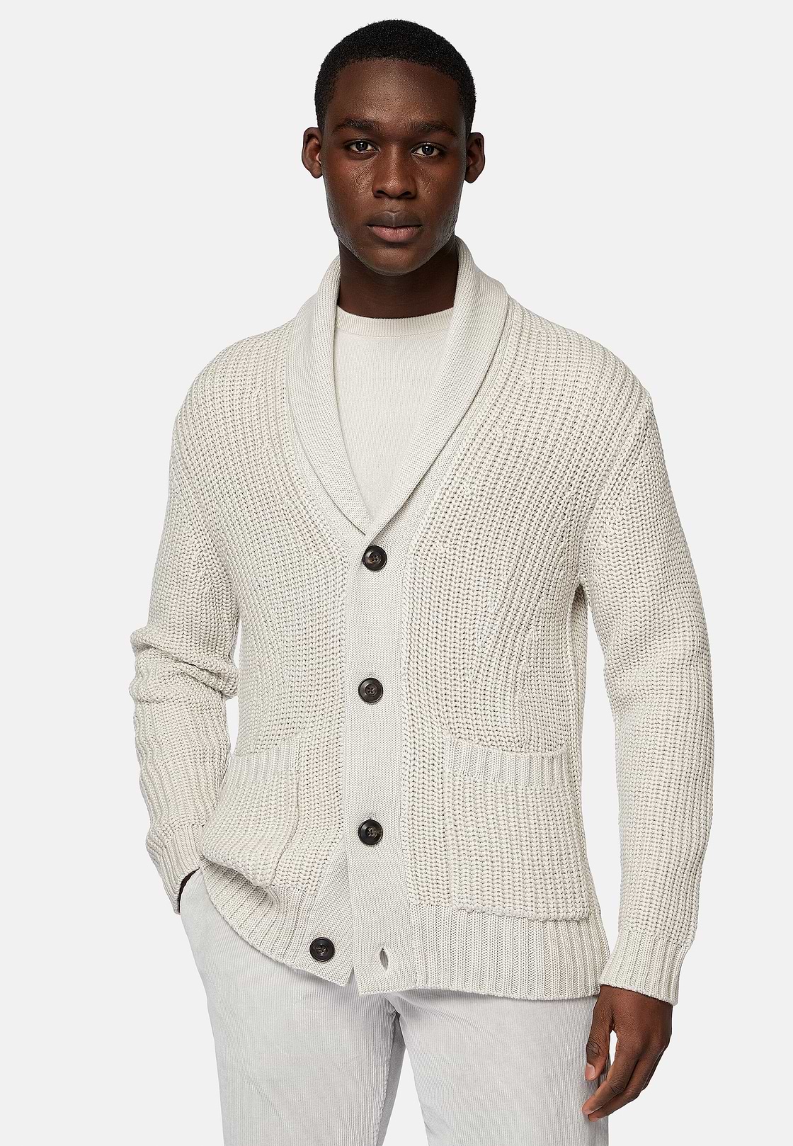 Sandfarbener Cardigan Aus Merinowolle Mit Schalkragen, Sand, hi-res