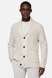 Sandfarbener Cardigan Aus Merinowolle Mit Schalkragen, Sand, hi-res