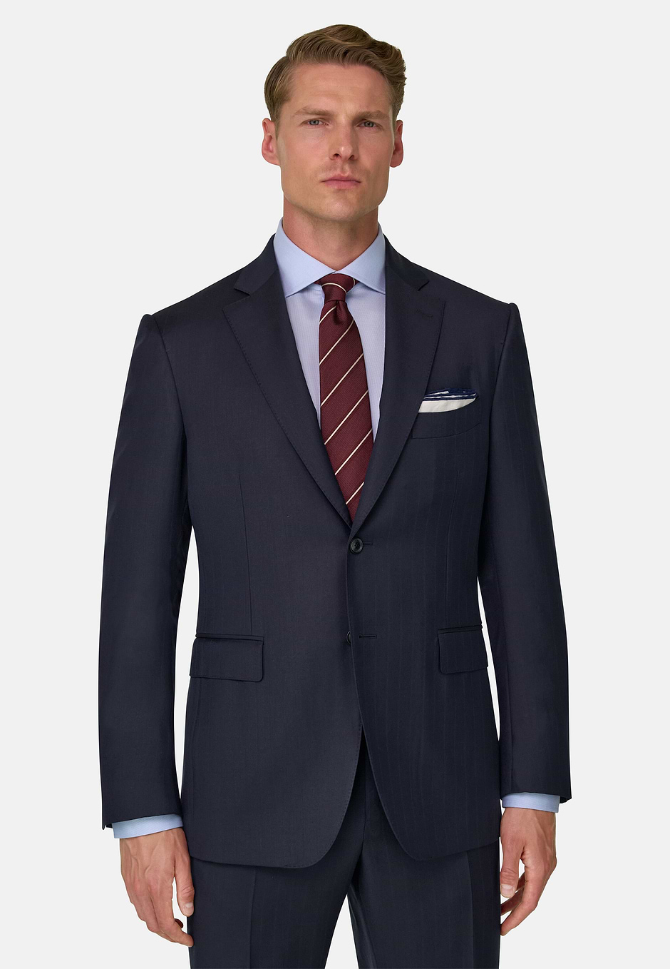 Suit Pinstripe in S130 Wool, Navy blue, hi-res