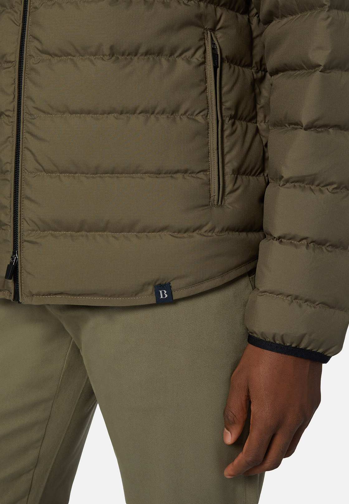 Quilted Nylon Real Down Bomber Style Sempione, Military Green, hi-res