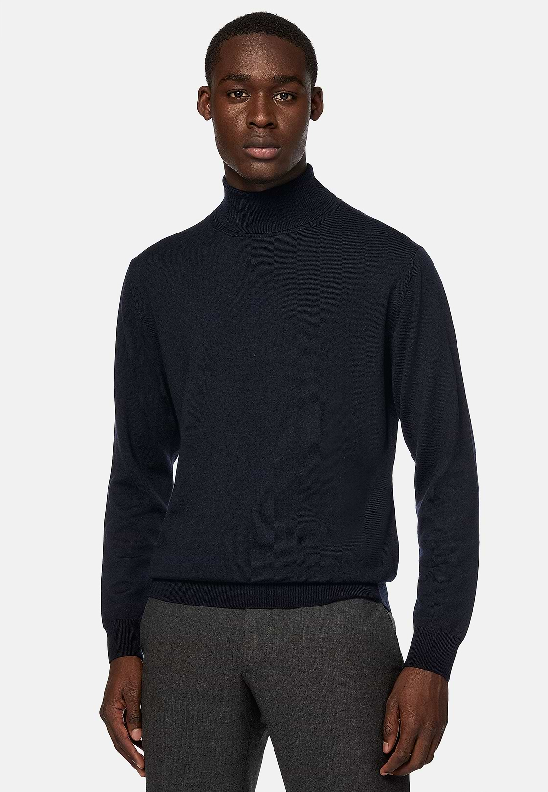 Merino Wool Polo Neck Jumper, Navy blue, hi-res