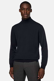 Merino Wool Polo Neck Jumper, Navy blue, hi-res